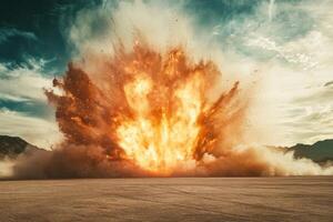 A powerful and dramatic explosion creates an impressive and expansive dust cloud in a vast desert setting photo