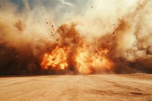 A stunning visual of a massive explosion creating a spectacular dust and fire spectacle in a barren landscape photo