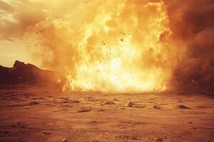A dramatic and powerful explosion envelops the vast desert in a chaotic swirl of fiery flames and swirling dust photo