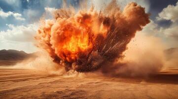 A powerful and intense explosion erupted in the vast desert, showcasing vivid colors and dramatic cloud formations photo