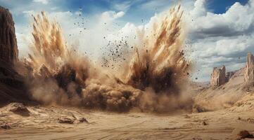 An explosive scene that generates a dramatic and wide dust cloud amidst a barren desert environment setting photo