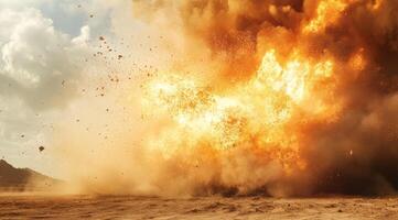 A vivid explosion occurring in a desolate setting, showcasing an impressive display of fire, smoke, and debris photo