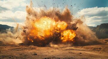 A powerful and dramatic explosion creates a massive cloud of debris, showcasing chaos in a desolate desert setting photo