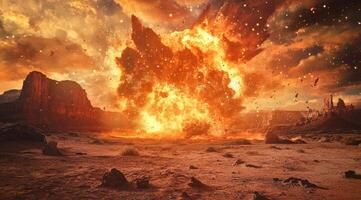 A breathtaking and stunning depiction of a massive explosion occurring in a tranquil desert setting during sunset photo