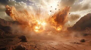 An incredibly powerful explosion generates a stunning and breathtaking visual effect in a barren desert landscape photo