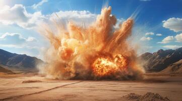 A breathtaking and stunning explosion occurs, creating beautiful, vivid clouds of dust and debris in a barren desert photo