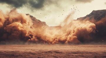 An absolutely stunning visual representation of a dust explosion occurring in a dramatic mountainous landscape photo