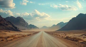 An expanse of deserted gravel road stretches endlessly toward the horizon, beautifully framed by majestic mountains and an arid, desolate landscape beneath the bright, expansive sky photo