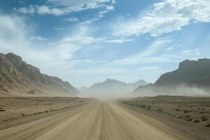 A rugged gravel road meanders its way through an expansive and barren desert landscape that stretches out towards the distant, majestic mountains all while being under a clear blue sky above photo
