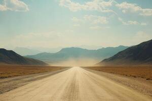 A serene gravel road winds through the arid landscape, leading to majestic mountains under a bright sky, with dust swirling in the warm sunlight, capturing the essence of solitude and freedom photo