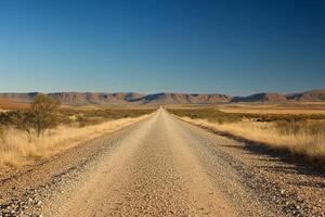 A long gravel road stretches profoundly into the vast horizon, surrounded by an arid, desolate landscape characterized by sparse vegetation and mountains rising majestically under a clear blue sky photo