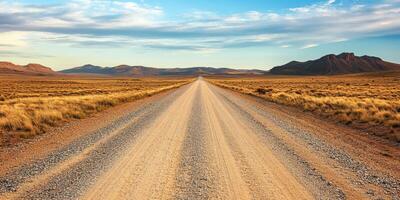 A winding gravel road stretches endlessly into the horizon, bordered by a vast, desolate, and arid landscape beneath a clear blue sky adorned with a few scattered clouds lazily drifting by photo