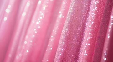 Closeup view of shiny pink fabric, showcasing glitter and a stunning, mesmerizing shimmering effect that captivates photo