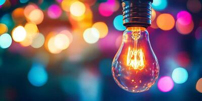 A closeup of a glowing Edison bulb against a vibrant bokeh background radiates warm light, enchanting viewers with its artistic charm and timeless elegance, creating a captivating atmosphere photo