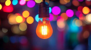 A breathtaking closeup photograph of a brilliantly illuminated Edison bulb set against a backdrop of vibrant, colorful bokeh, beautifully radiating warmth, charm, and inviting ambiance photo