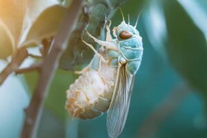 A cicada emerging from its exoskeleton. photo