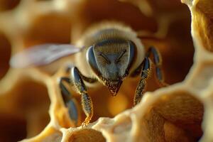 A honeybee working inside a hive. photo