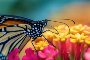 A butterfly sipping nectar from a flower. photo