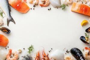 Fresh fish and seafood with blank space. photo