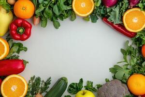 Fresh fruits and vegetables with blank space. photo