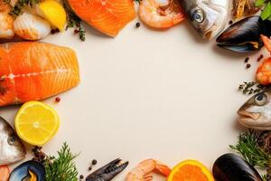Fresh fish and seafood with blank space. photo