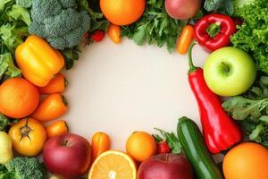 Fresh fruits and vegetables with blank space. photo