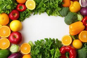 Fresh fruits and vegetables with blank space. photo