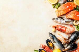 Fresh fish and seafood with blank space. photo