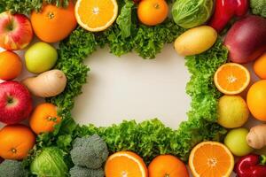 Fresh fruits and vegetables with blank space. photo