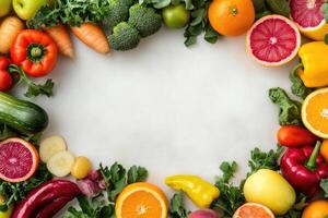 Fresh fruits and vegetables with blank space. photo