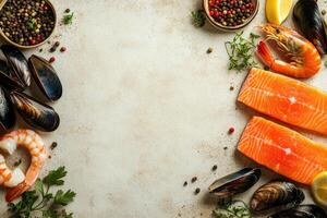 Fresh fish and seafood with blank space. photo