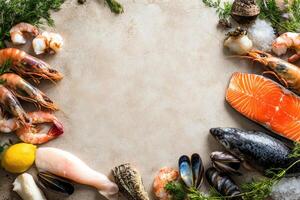 Fresh fish and seafood with blank space. photo
