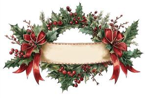 Christmas banner with a festive wreath and space for custom design. photo