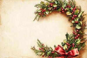 Christmas banner with a festive wreath and space for custom design. photo