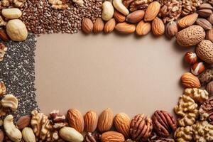 Nuts and seeds with blank space. photo