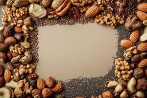 Nuts and seeds with blank space. photo