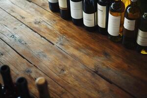 Wine bottles on a wooden table with a blank space. photo