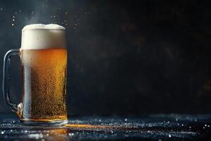 Beer banner with frothy mug and empty space for design. photo