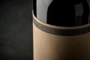 A close-up of a wine bottle label with a blank space beside it. photo