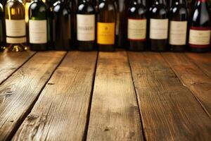 Wine bottles on a wooden table with a blank space. photo
