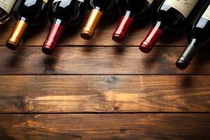 Wine bottles on a wooden table with a blank space. photo