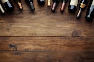 Wine bottles on a wooden table with a blank space. photo