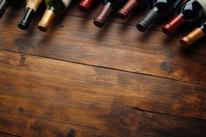 Wine bottles on a wooden table with a blank space. photo