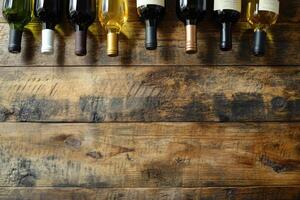 Wine bottles on a wooden table with a blank space. photo