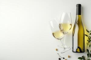Wine glasses and an open bottle on a white background. photo