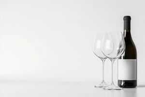Wine glasses and an open bottle on a white background. photo