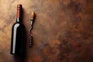 Wine bottle and corkscrew on a textured background with blank space. photo