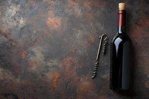 Wine bottle and corkscrew on a textured background with blank space. photo