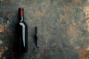 Wine bottle and corkscrew on a textured background with blank space. photo