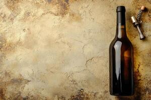 Wine bottle and corkscrew on a textured background with blank space. photo